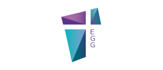Logo der EGG mit drei geometrischen Formen in Türkis, Blau und Violett. Rechts daneben stehen die Buchstaben EGG untereinander.